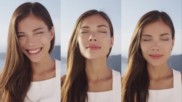 Lodrette Videoer Portræt Smukke Kvinde Smilende Glad Blinker Ser Kameraet – Stock-video