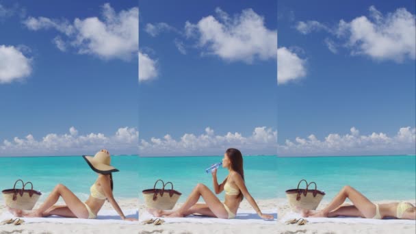 Vidéo Verticale Suntan Femme Couchée Détendre Obtenir Bronzage Bikini Sur — Video