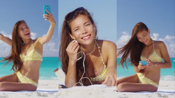 Woman Using Smartphone App Beach Taking Selfie Listening Music Vertical — Stock Video