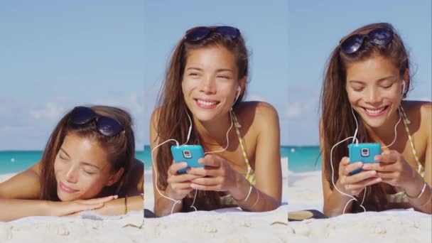 Plaj Tatilinde Kulaklık Takan Bir Kadının Cep Telefonundaki Akıllı Telefon — Stok video