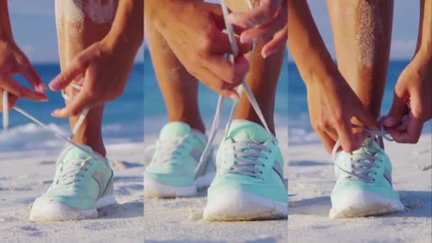 Pionowe Filmy Biegaczki Wiążące Sznurowadła Butów Biegania Plaży Zbliżenie Rąk — Wideo stockowe