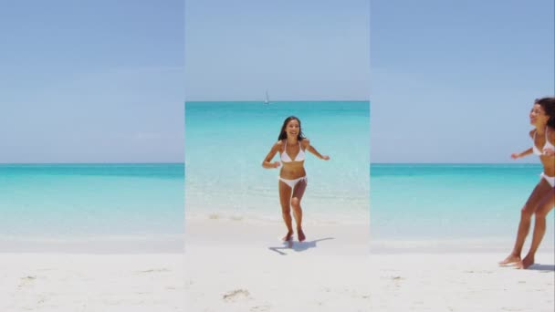 Pionowe Filmy Podróże Słońcu Podekscytowana Kobieta Skacząca Plaży Słoneczny Dzień — Wideo stockowe