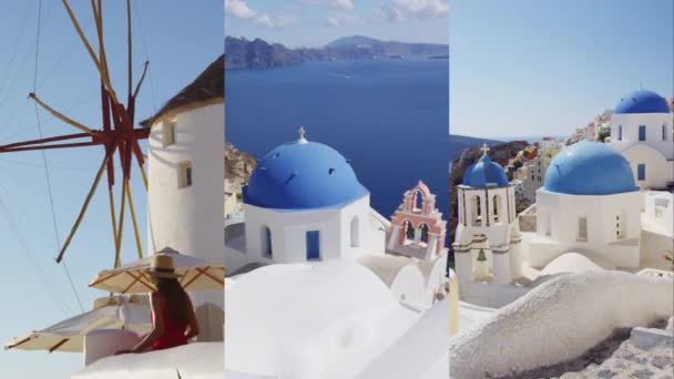 Vertical Video Santorini Oia Village Blue Domed Church Windmill Famosa — Vídeo de Stock