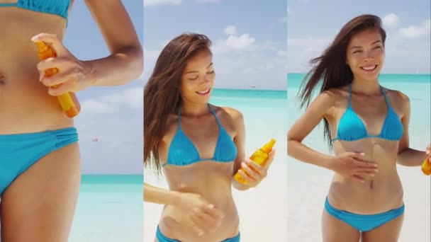 防晒霜垂直视频 暑假期间 亚洲女人在胃部和身体上涂防晒霜和喷雾瓶 美丽而快乐的女人在海滩上享用太阳能油 — 图库视频影像