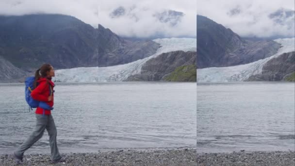 Turistvandringskvinna Alaska Promenader Vid Mendenhall Glacier Landskap Kvinna Vandrare Resor — Stockvideo
