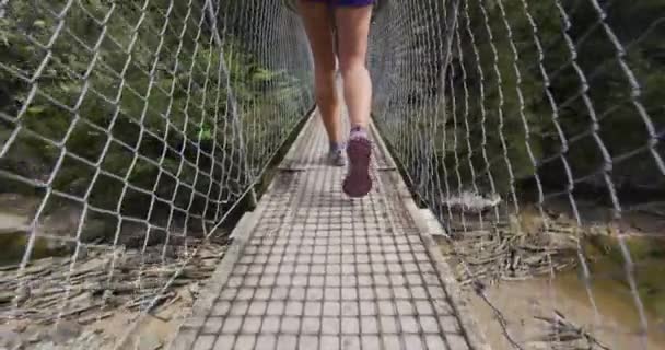 阿贝尔塔斯曼国家公园 新西兰妇女徒步旅行 年轻的背包客穿过福尔斯河的回旋桥 在慢镜头下的红色Epic拍摄 — 图库视频影像