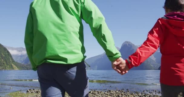 Couple Love Having Fun Outdoors Holding Hands Nature Enjoying Active — Stock Video