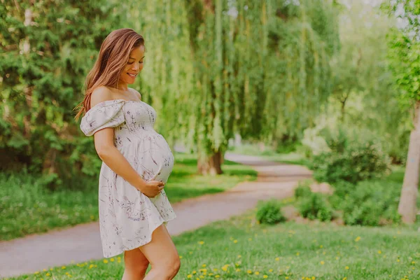 Retrato Mujer Embarazada Sosteniendo Barriga Bebé Golpe Feliz Oliendo Felicidad — Foto de Stock