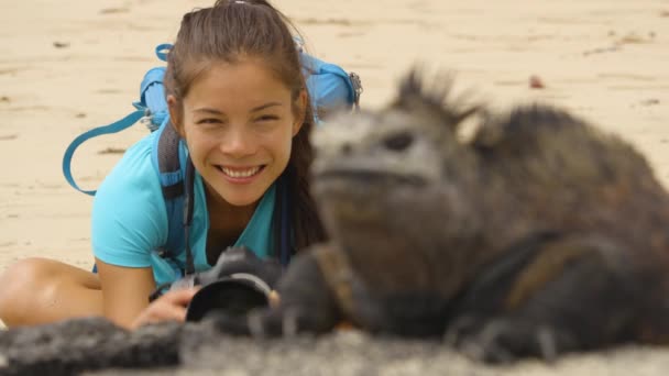 野生动物摄影师游客高兴地欣赏加拉帕戈斯群岛在伊莎贝拉岛上拍摄的具有标志性的加拉帕戈斯海洋伊瓜纳的照片 以妇女和动物为重点的肖像变化 — 图库视频影像