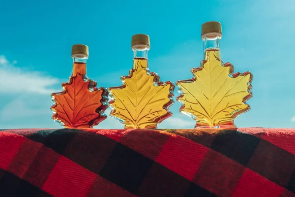 Maple syrup bottles in leaf shape outside. Selection of different grades of quality, golden, amber, dark for tasting gift from Quebec, Canada.