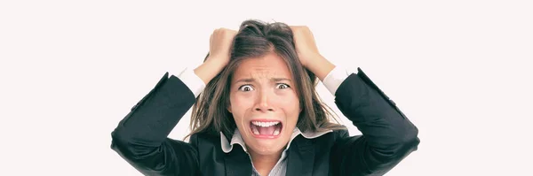 仕事中のストレスでパニックになって悲鳴を上げる面白いクレイジーアジアのビジネス女性 精神保健 パノラマの概念を強調 — ストック写真