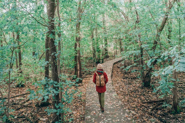 自然活動のハイキング 市内公園の緑豊かな森の中を歩く袋を持つ女性 カナダのケベック州の旅行ハイキング秋の目的地 — ストック写真