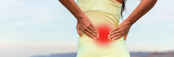 Fitness Sport Woman Touching Lower Back Pain Banner Panorama Header — Stock Photo, Image