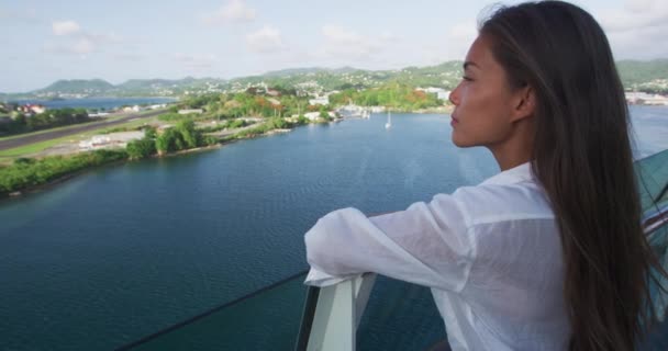 Cruise Ship Vacation Asian Woman Relaxing Deck Enjoying View Boat — Stok video