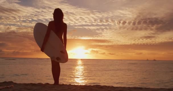 Mladá Krásná Surfařka Stojící Surfařem Pláži Mořem Surfovat Pozadí Ranním — Stock video