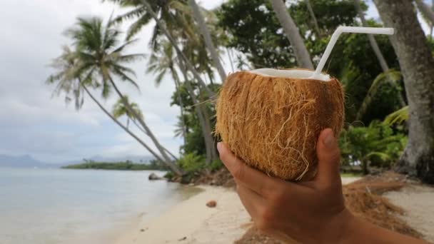 Kokosová Voda Nápoj Rajské Pláži Dovolená Žena Držící Kokos Detailní — Stock video