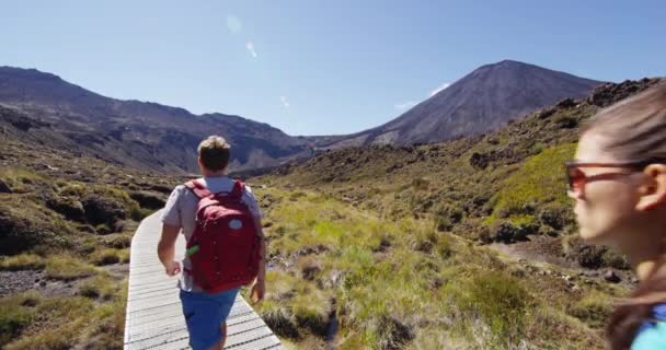 Ein Neuseeländisches Wanderpaar Trampelt Tongariro Nationalpark Männliche Und Weibliche Wanderer — Stockvideo