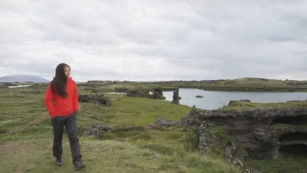 徒步旅行的女人穿着硬壳夹克在美丽的大自然中远足 穿着户外服装的远足女孩参观冰岛自然旅游胜地地标 Myvatn湖 — 图库视频影像
