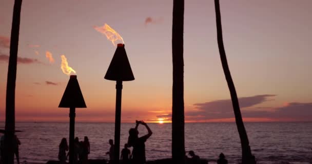 Ateşli Meşaleler Alevler Hawaii Alevler Içinde Gün Batımında Gökyüzü Palmiyelerle — Stok video