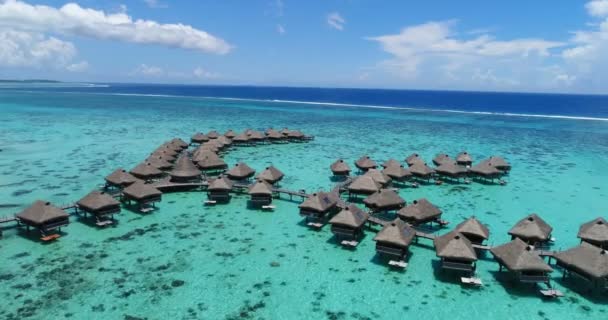 フランス領ポリネシアの熱帯高級リゾートの美しいウォーターヴィラ 青いラグーンの素晴らしい水上バンガロー 牧歌的な風景と空 休暇の夏休みのコンセプト 空中ドローンビデオ — ストック動画