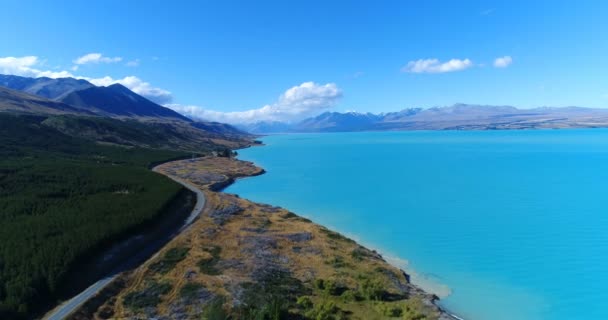 Aereo Drone Filmato Del Lago Pukaki Alpi Meridionali South Island — Video Stock