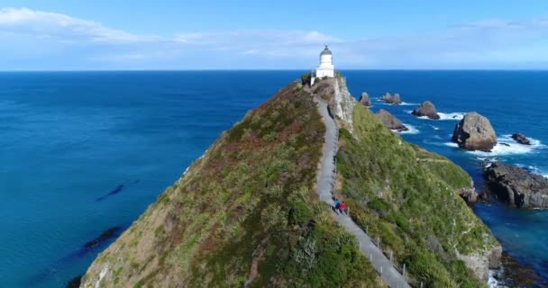 Neuseeländische Touristen Der Naturlandschaft Beim Leuchtturm Nugget Point Paar Besucht — Stockvideo