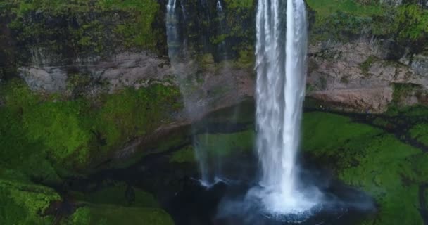 滝の空中ドローン映像アイスランドの自然の中でSeljalandsfoss リングロード 南アイスランドのアイスランドの自然景観の有名な観光スポットやランドマークの目的地 — ストック動画