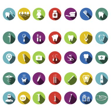 Dental set flat icons in circles with long shadows vector illustration
