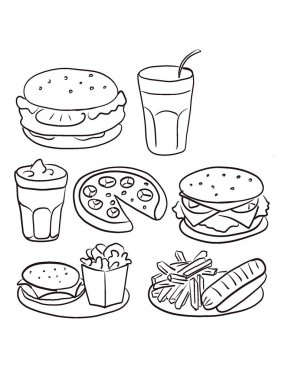 Çizgi çizimlerde çeşitli fast food ürünleri yer alıyor: iki hamburger, bir dilim pizza, bir karton patates, tabakta bir sosisli sandviç, pipetli bir fincan, bir milkshake ve bir kutu patlamış mısır.. 