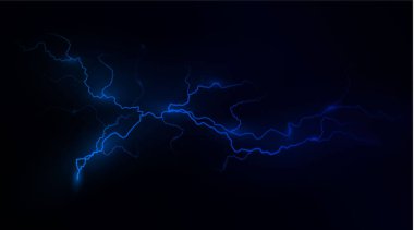 Açık mavi izole vektör yıldırımı. Sihirli ışık soyut çizgileri. Gerçekçi doğal yıldırım neon efektleri, siyah şeffaf arka plan.