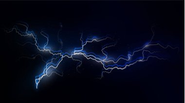 Light blue isolated vector lightning . Magic light abstract lines. Realistic natural lightning neon effects, black transparent background. clipart