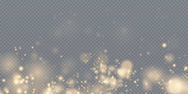 Bokeh ışıkları arka planı etkiler. Noel arkaplanı. Toz tozu ışığı. Sihirli altın tozu. Güzel, parlak toz parçacıkları hafifçe düşer..