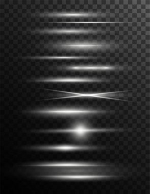 Beyaz yatay lensler parlıyor. Lazer ışınları, yatay ışık ışınları. Tahsilat efekti beyaz çizgi png. Güzel ışık fişekleri. Işık arka planında parlak çizgiler. Vektör illüstrasyonu