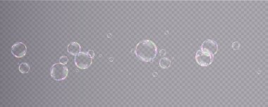 Gerçekçi sabun köpükleri koleksiyonu. Kabarcıklar şeffaf bir arkaplanda yer alır. Uçan sabun köpüğü. Kabarcık PNG su kabarcığı gerçekçi png. Vektör illüstrasyonu