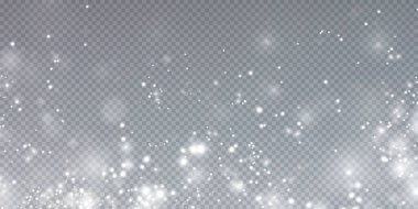 Beyaz png toz ışığı. Bokeh ışıkları arka planı etkiler. Parlayan tozun Noel arkaplanı. Parlayan ışık konfetileri ve dizaynınız için kıvılcım dokusu. Vektör illüstrasyonu