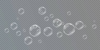 Gerçekçi sabun köpükleri koleksiyonu. Kabarcıklar şeffaf bir arkaplanda yer alır. Uçan sabun köpüğü. Kabarcık PNG su kabarcığı gerçekçi png. Vektör illüstrasyonu