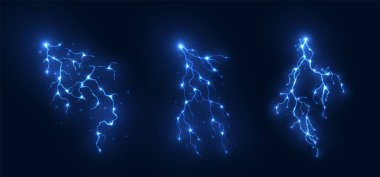 Mavi gerçekçi yıldırım kümesi, enerji, güç, elektrik, vektör illüstrasyonu.