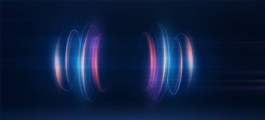 Soyut neon parlayan geometrik arkaplan. Karanlık arka plan. Mavi, mor ve kırmızı ışıklar, 3 boyutlu illüstrasyon.