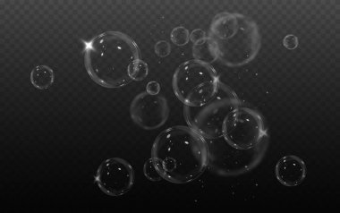 Karanlık arka planda izole edilmiş gerçekçi sabun köpükleri. Bir dizi sabun köpüğü. sabun köpüğü veya sabun sabunu.
