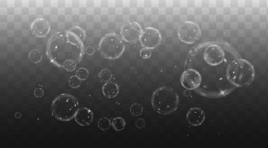 Su kabarcıkları siyah arka plan vektöründe. gerçekçi sabun köpükleri.