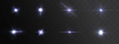 Şeffaf arkaplanda parlayan ışık yıldızları, vektör illüstrasyonu