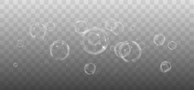 Şeffaf arkaplanda izole edilmiş sabun köpükleri. vektör