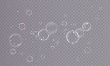 Şeffaf arkaplanda sabun köpükleri, vektör illüstrasyonu.