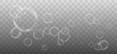 Şeffaf arkaplanda kabarcıklar olan gerçekçi sabun ya da köpük.