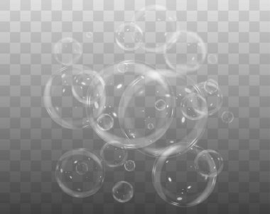 Şeffaf arkaplanda izole edilmiş sabun köpükleri. Kabarcıkların gerçekçi vektör çizimi.