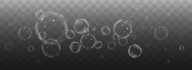 Şeffaf arka planda izole edilmiş gerçekçi şeffaf kabarcıklar. vektör illüstrasyonu