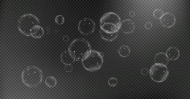 Şeffaf bir arkaplanda gerçekçi sabun köpükleri. vektör illüstrasyonu.