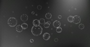 Şeffaf arkaplanı olan gerçekçi beyaz kabarcıklar. şeffaf su.