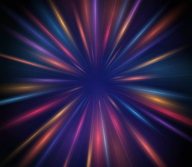 Siyah arka planda renkli ışık patlaması. Parlayan ışınlar ile soyut arkaplan.