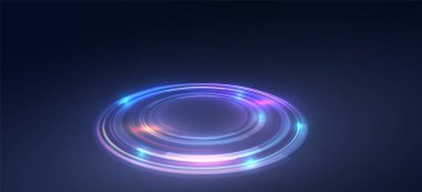 Uzay arka planında parlak ışıklarla parlayan soyut neon çizgiler. Soyut teknoloji konsepti. Merhaba, teknoloji duvar kağıdı.